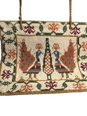 Embroidered Folk Art Vintage Bag Purse Tatreez Palestinian Peacock w Strap